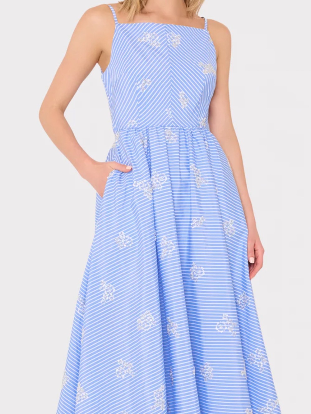 Milly Light Blue & White Striped Maxi Dress with Floral Embroidery